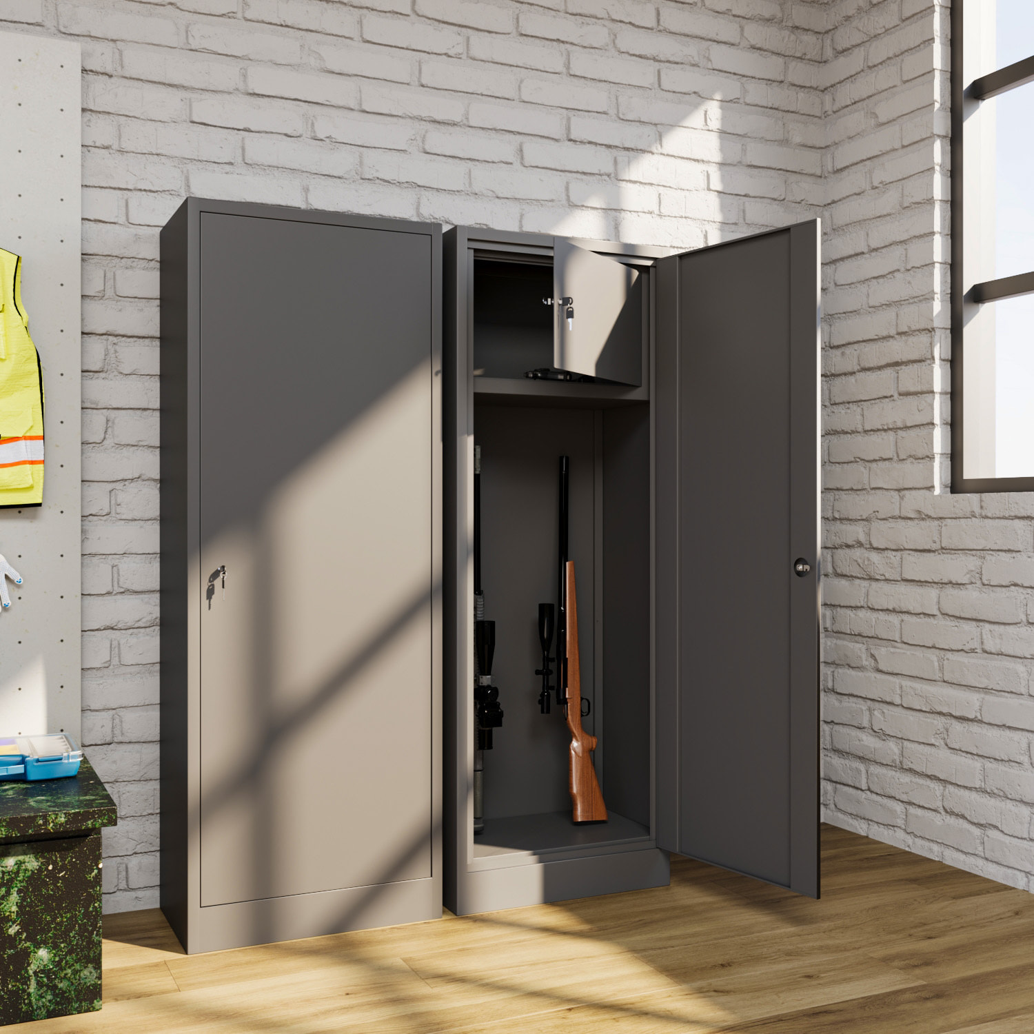 Armadio Portafucili 10 Posti Armadietto Armi Fuciliera In Lamiera Di Acciaio Con Cassetto Tesoretto Con Serratura Doppia Chiave 148x53.5x32 Cm Grigio