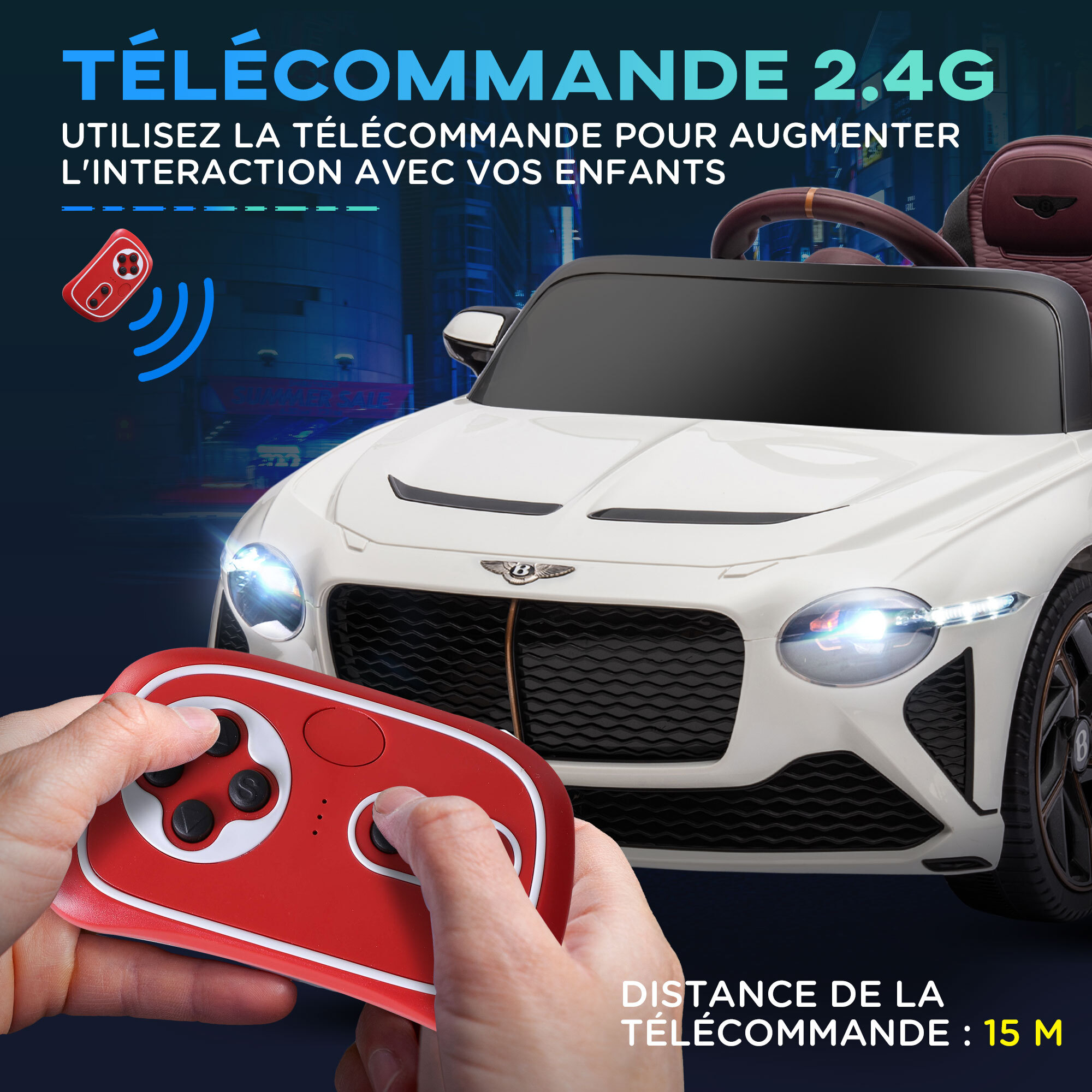 Véhicule électrique enfant Bentley Bacalar 2 moteurs 2 x 25 W télécommande effets sonores et lumineux blanc