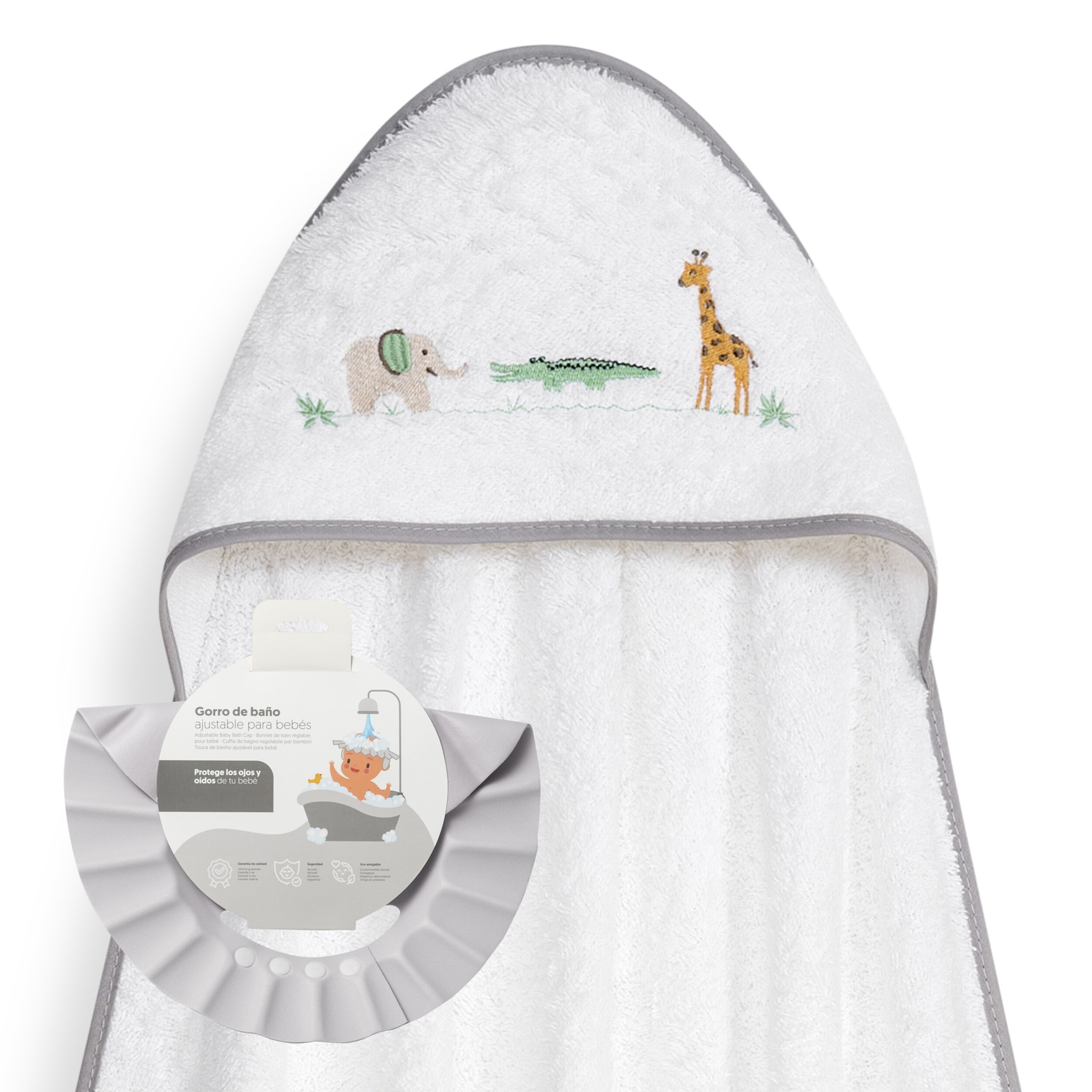 Capa Baño 1X1 Mod Savanna Bordado+ Gorro Bco/Gris