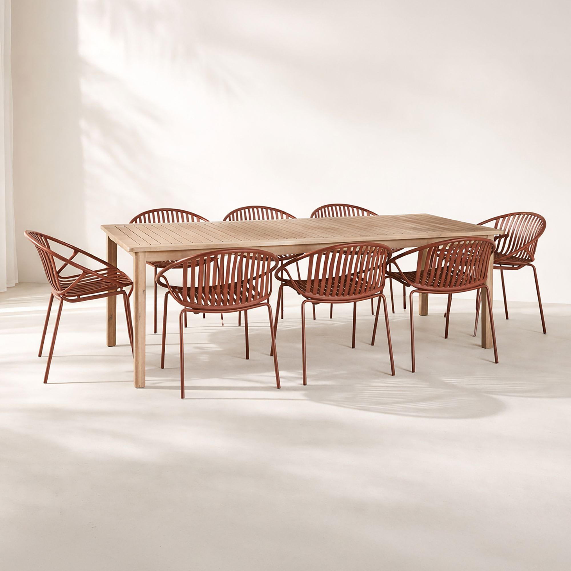 Ensemble de jardin table en bois d'acacia et 8 fauteuils brique CALYPSO