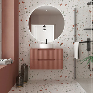 Meuble de Salle de Bains LEON 80cm Terracotta - 2 Tiroirs en MDF Ondules - Vasque Ronde 36cm