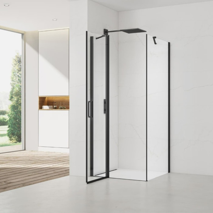 Fusion ensemble porte pivotante /paroi 80x80cm anticalcaire avec profilés noir mat (SATFUDP80S80C-SET)