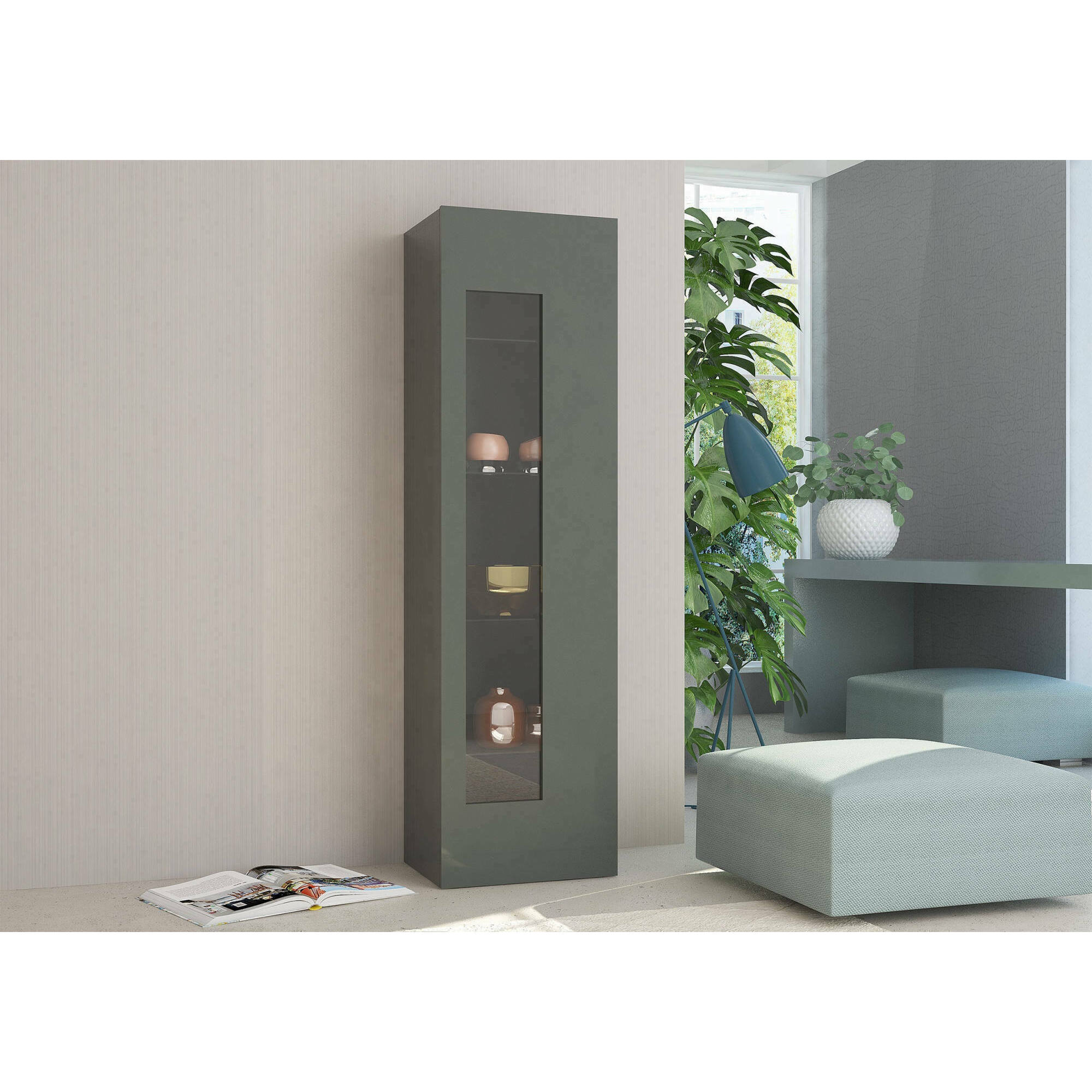 Vetrina Adatka, Credenza con anta a vetro, Mobile da soggiorno multiuso, 100% Made in Italy, cm 45x34h162, Antracite lucido