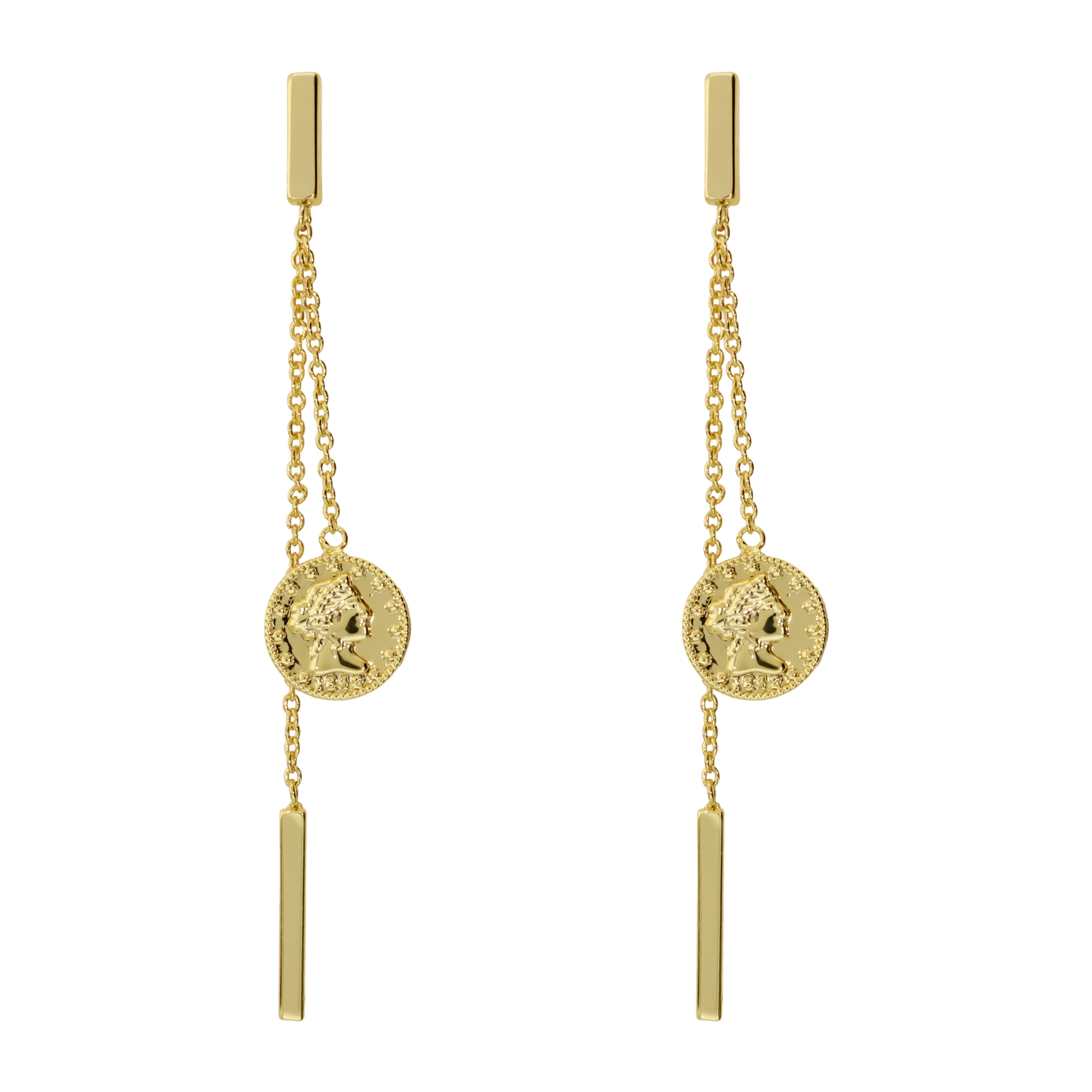 Orecchini Pendenti Doppio Filo Graduato con Moneta