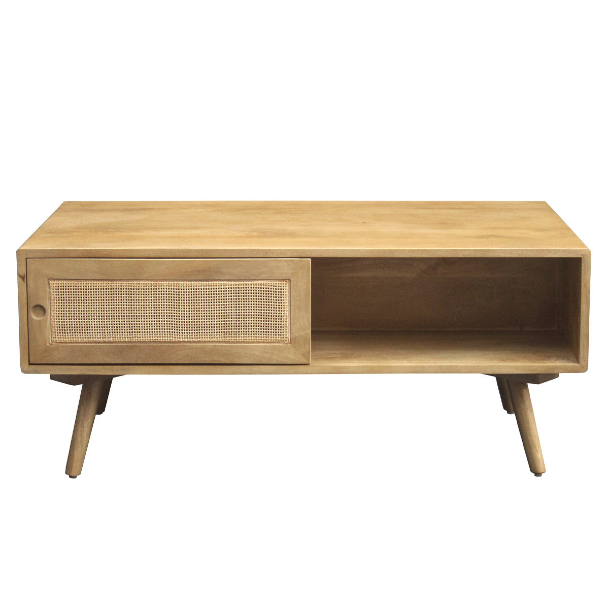 Table basse rectangulaire avec rangements en bois manguier massif et cannage rotin L100 cm ACANGE