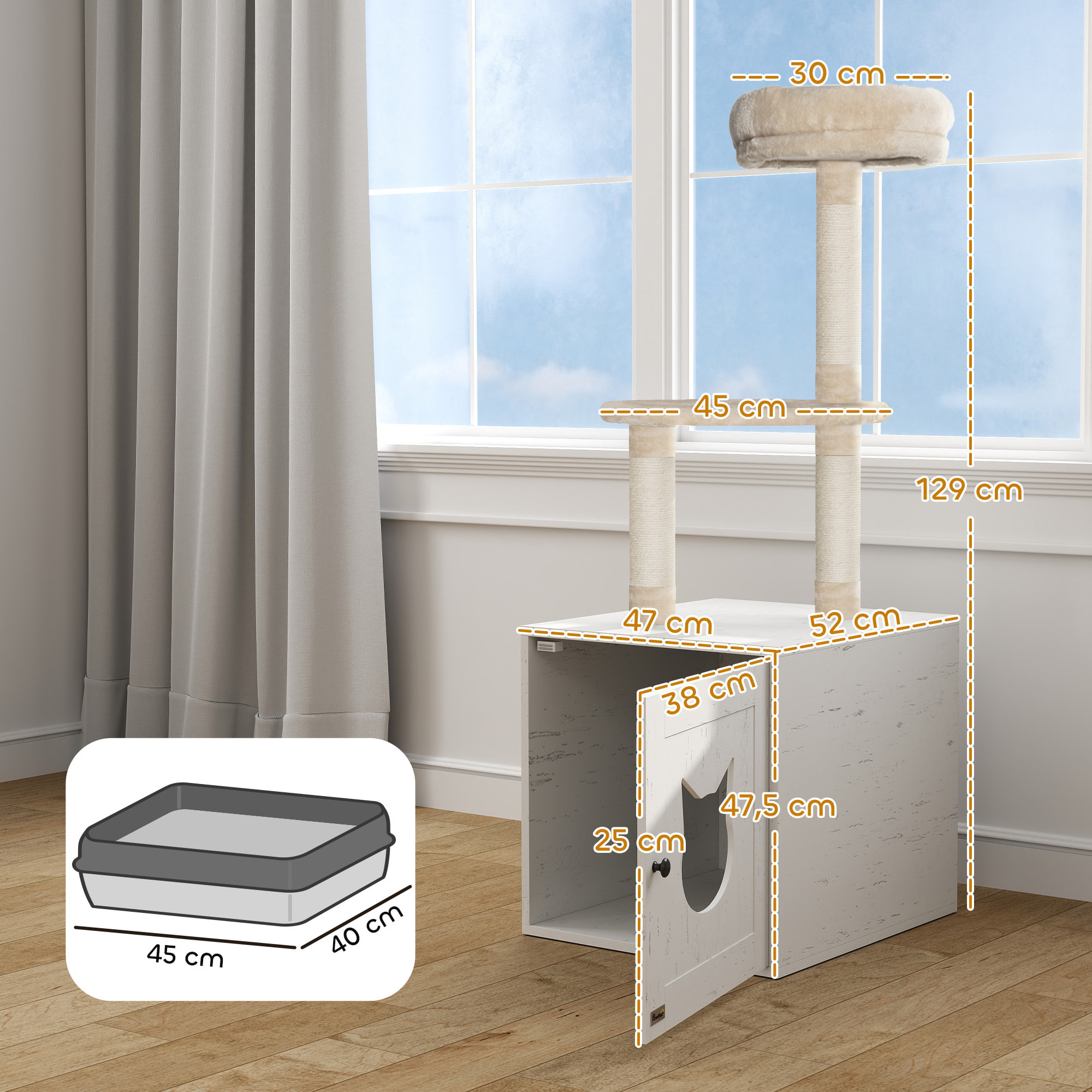 Arbre à chat maison de toilette 2 en 1 - H.129 cm - porte tête de chat - plateforme panier observation - blanc crème