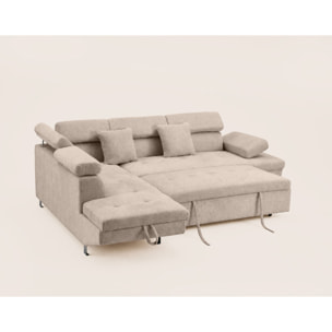 Margaux - Canapé d'angle gauche 5 places convertible avec coffre et têtières réglables en velours texturé - Beige