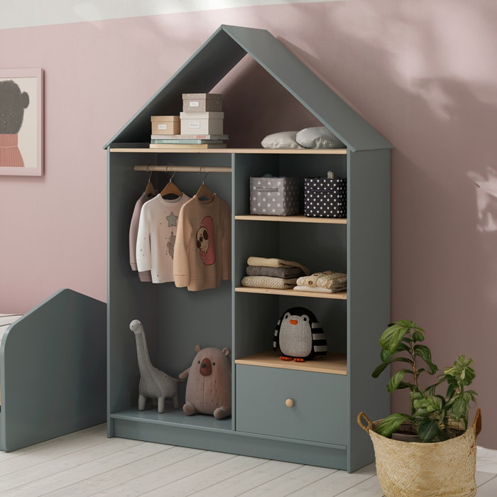 Penderie cabane enfant 1 tiroir en bois - LUCY