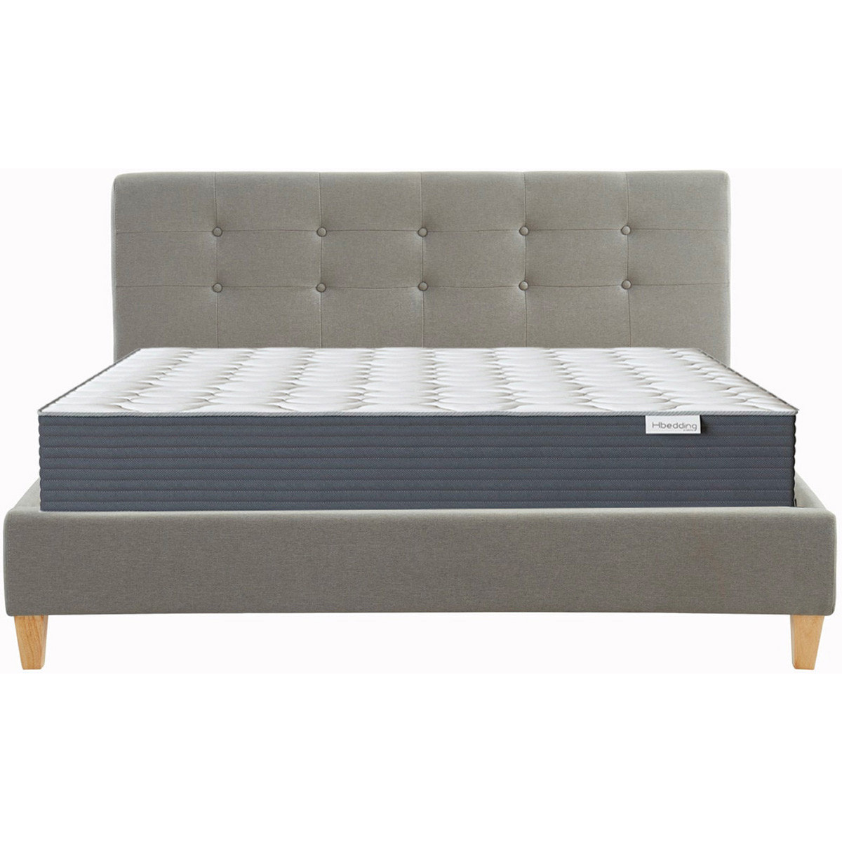 Ensemble lit 140x190cm + matelas Memo HR avec tête de lit capitonnée en tissu gris clair - sommier à lattes - Milo