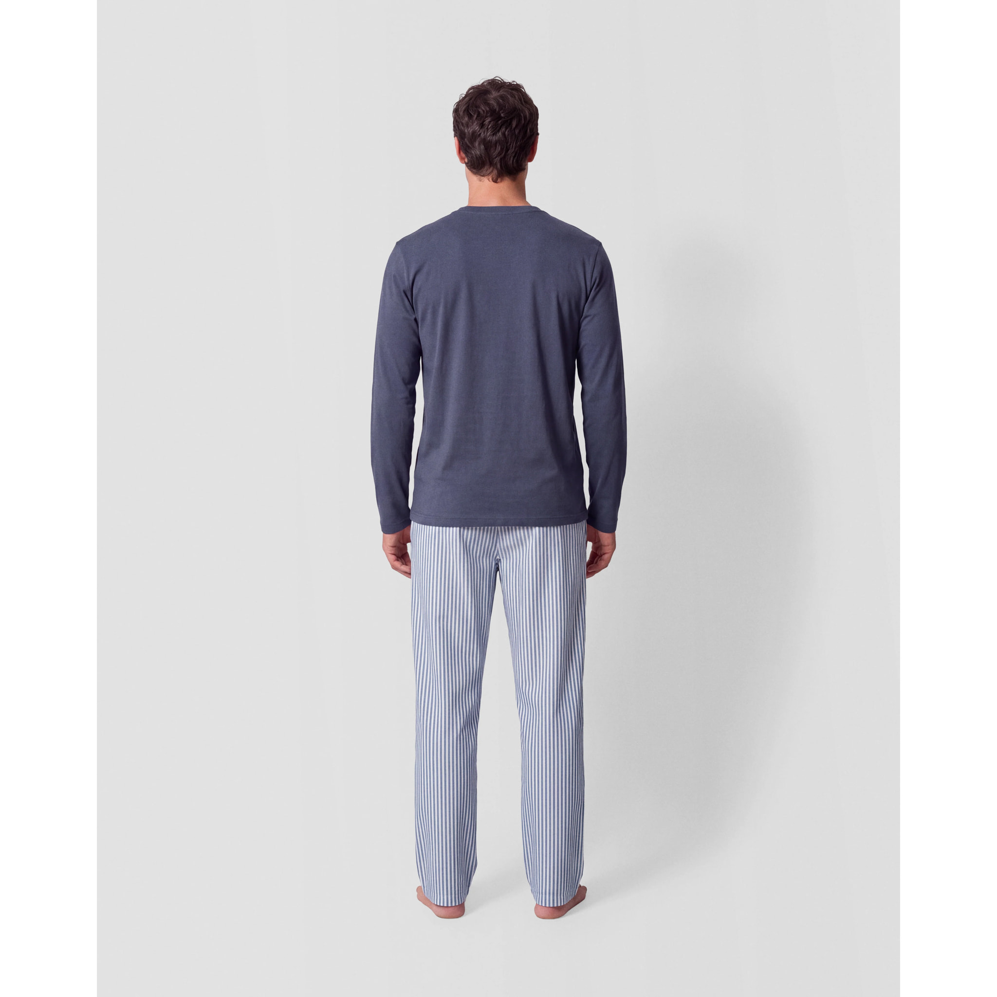 Pigiama lungo in cotone a righe oxford blu
