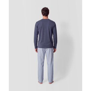 Pigiama lungo in cotone a righe oxford blu