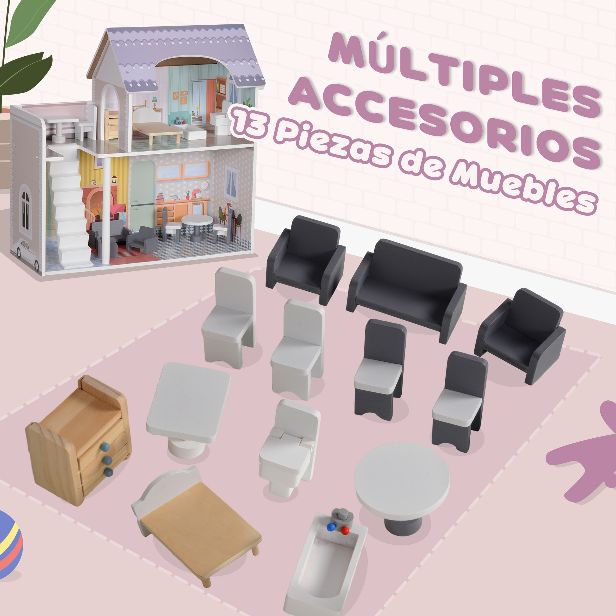 Casa de Muñecas con Muebles y Accesorios Casa de Muñecas de Madera con Balcón 2 Pisos Juguete para Niños y Niñas a Partir de 3 Años Multicolor