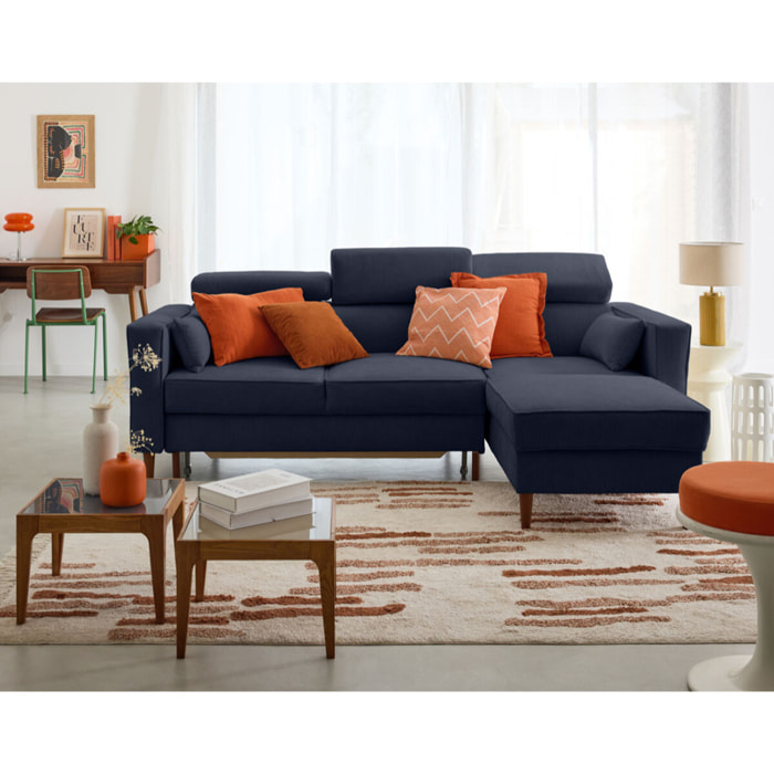 Alicante - canapé d'angle réversible convertible avec têtières - coffre - 4 places - en tissu texturé - Bleu marine