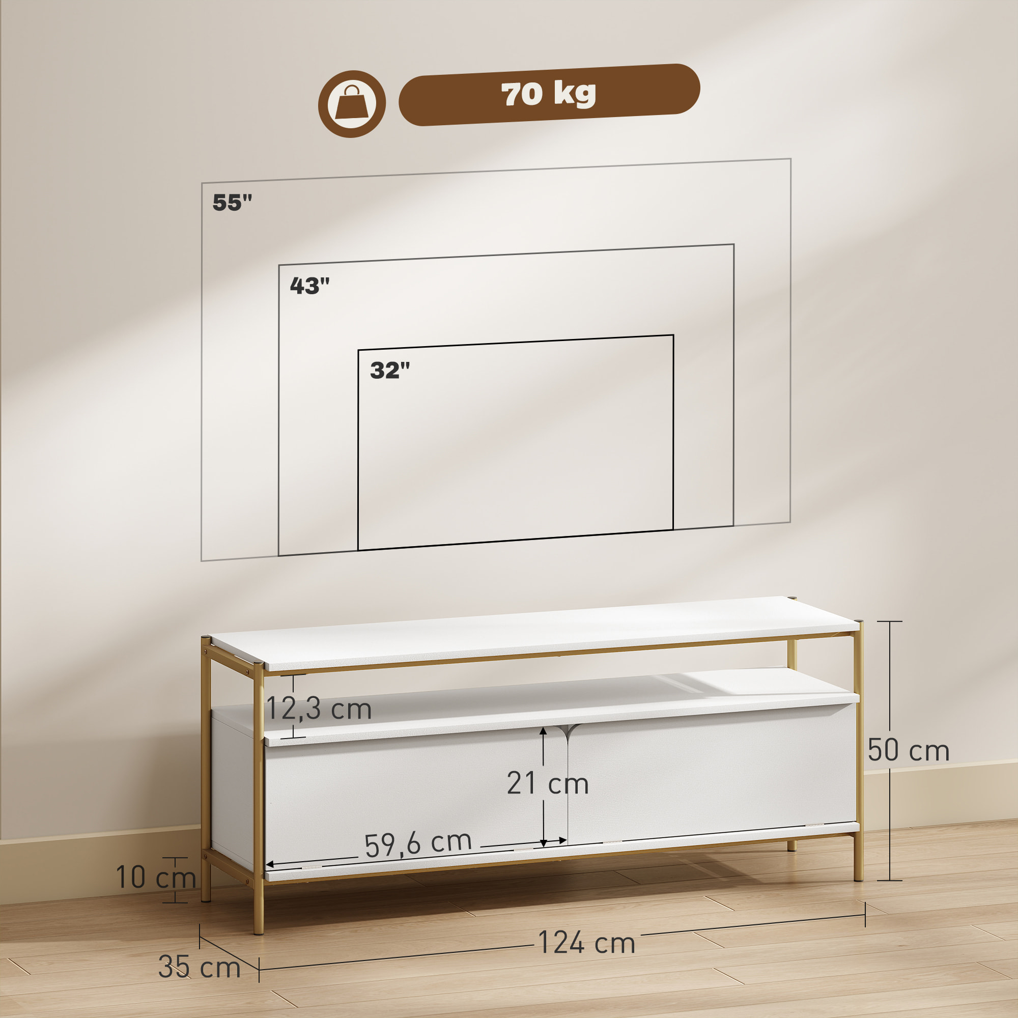 Meuble TV design Art déco 2 portes battantes étagère dim. 124 x 35 x 50 cm acier doré effet bois blanc