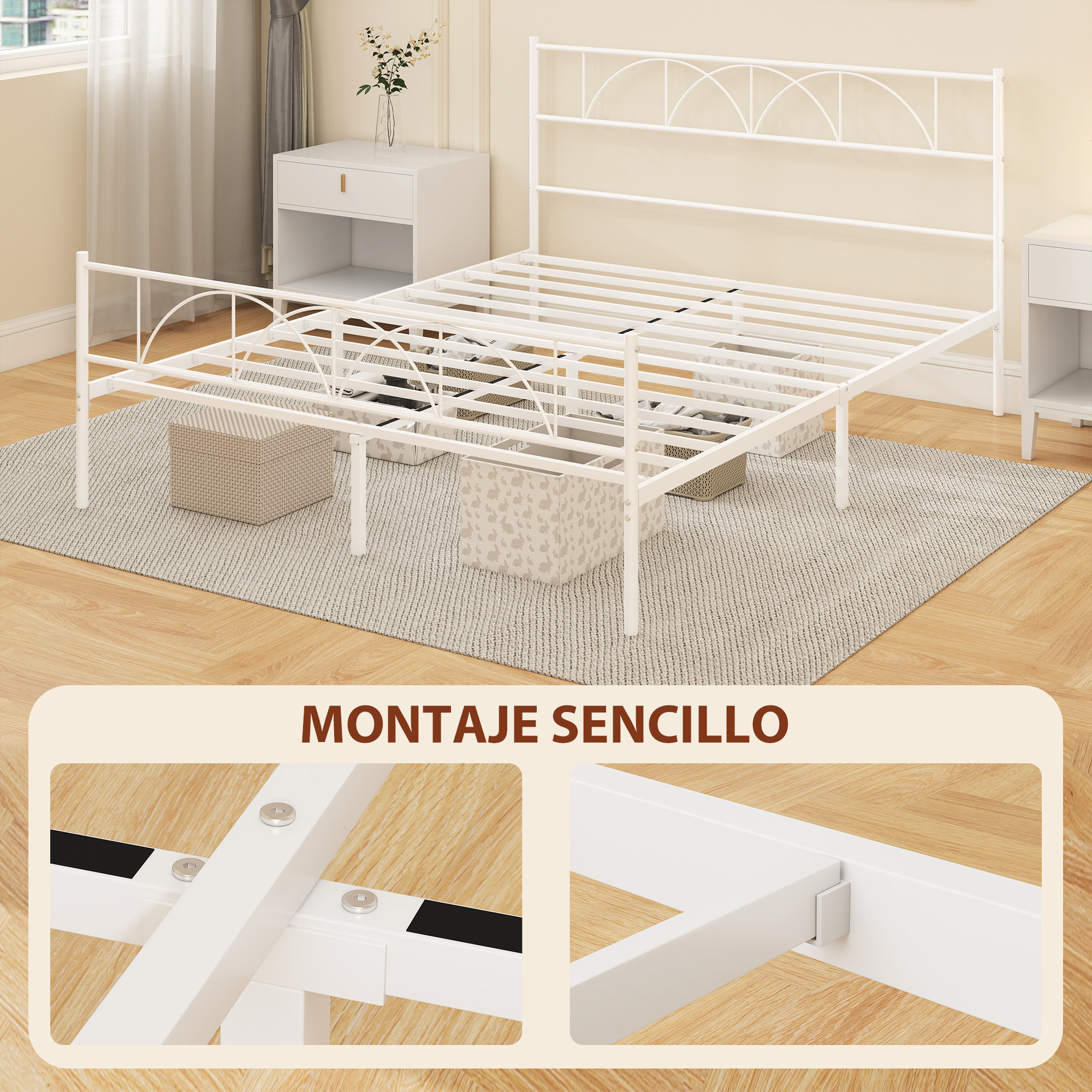 Cama Matrimonio, 160x200 cm, Estructura de Cama de Acero con Cabecero, Soporte de Listones de Acero, Espacio de Almacenamiento Debajo, Blanco