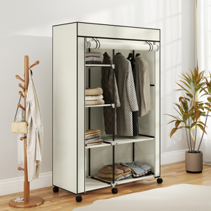 Armario de Tela con Ruedas, Armario Portátil, con Barra para Colgar, 6 Estantes, Marco de Acero, para Dormitorio, Vestidor, 103x43x162,5 cm, Crema