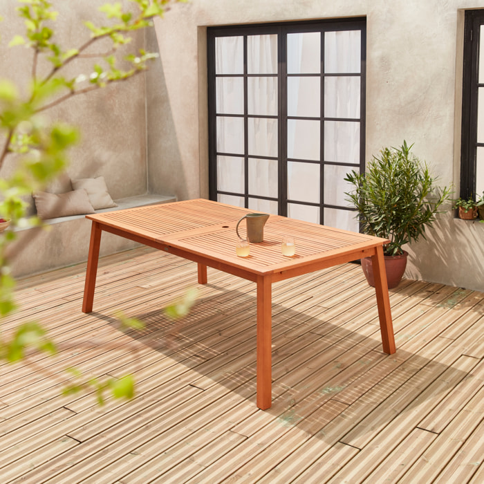 Table de jardin en bois 200-250-300cm - Almeria - Grande table rectangulaire avec allonge eucalyptus. Intérieur / Extérieur