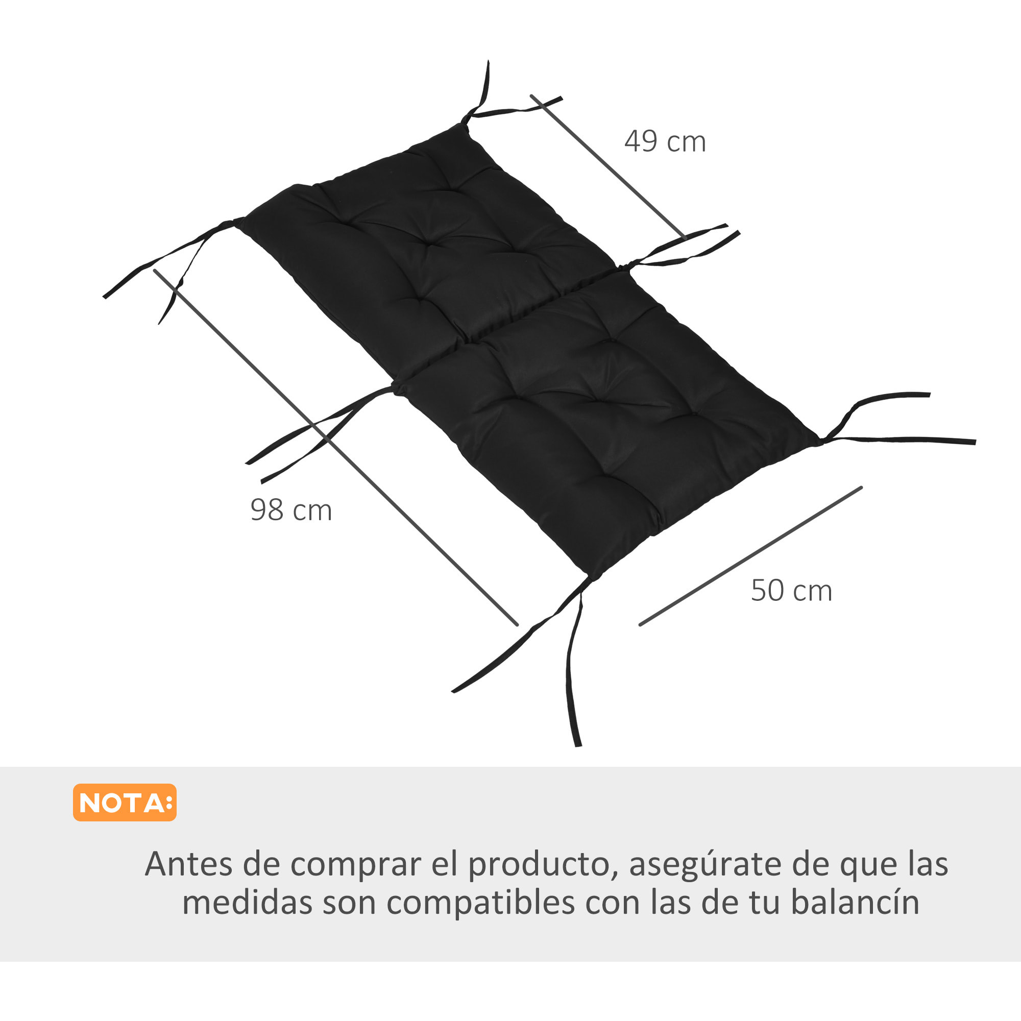 Conjunto de 2 Cojines para Silla Cojines para Jardín Colchones de Banco con Respaldo 6 Cordones de Fijación 50x98x8 cm Negro