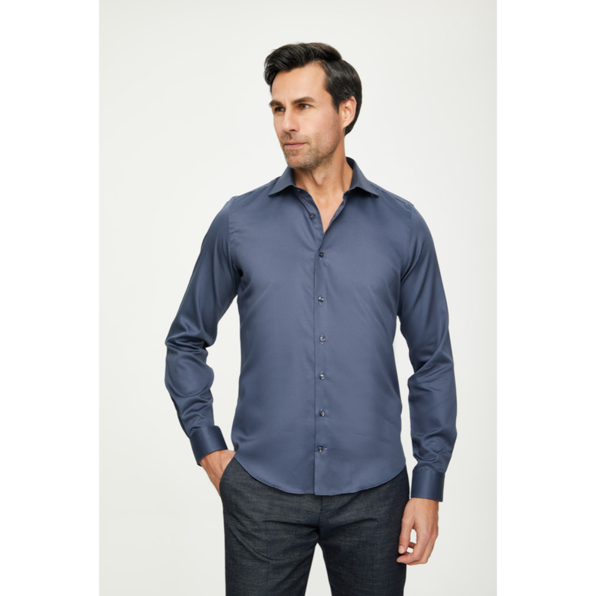 Camicia Uomo 1 Bottone Francese Slim Satin Unito Grigio Scuro