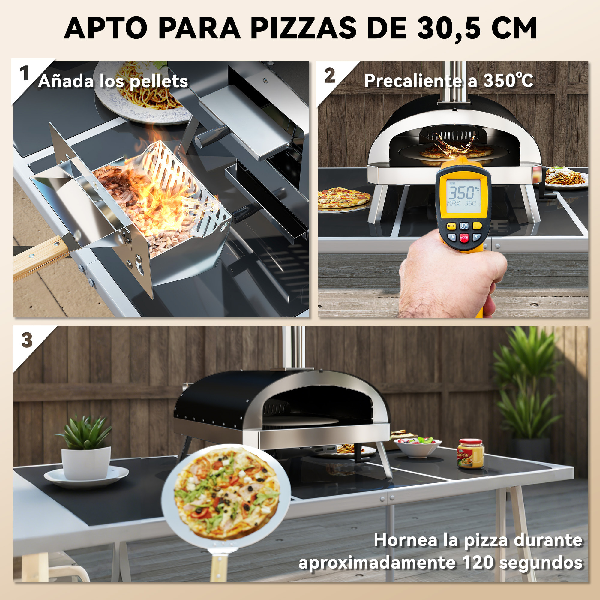 Mini Horno de Pizza Exterior Portátil Horno de Leña con Piedra Refractaria Ø33 cm Mangos de Madera Termómetro y Bandeja Giratoria para Jardín Terraza Camping Patio