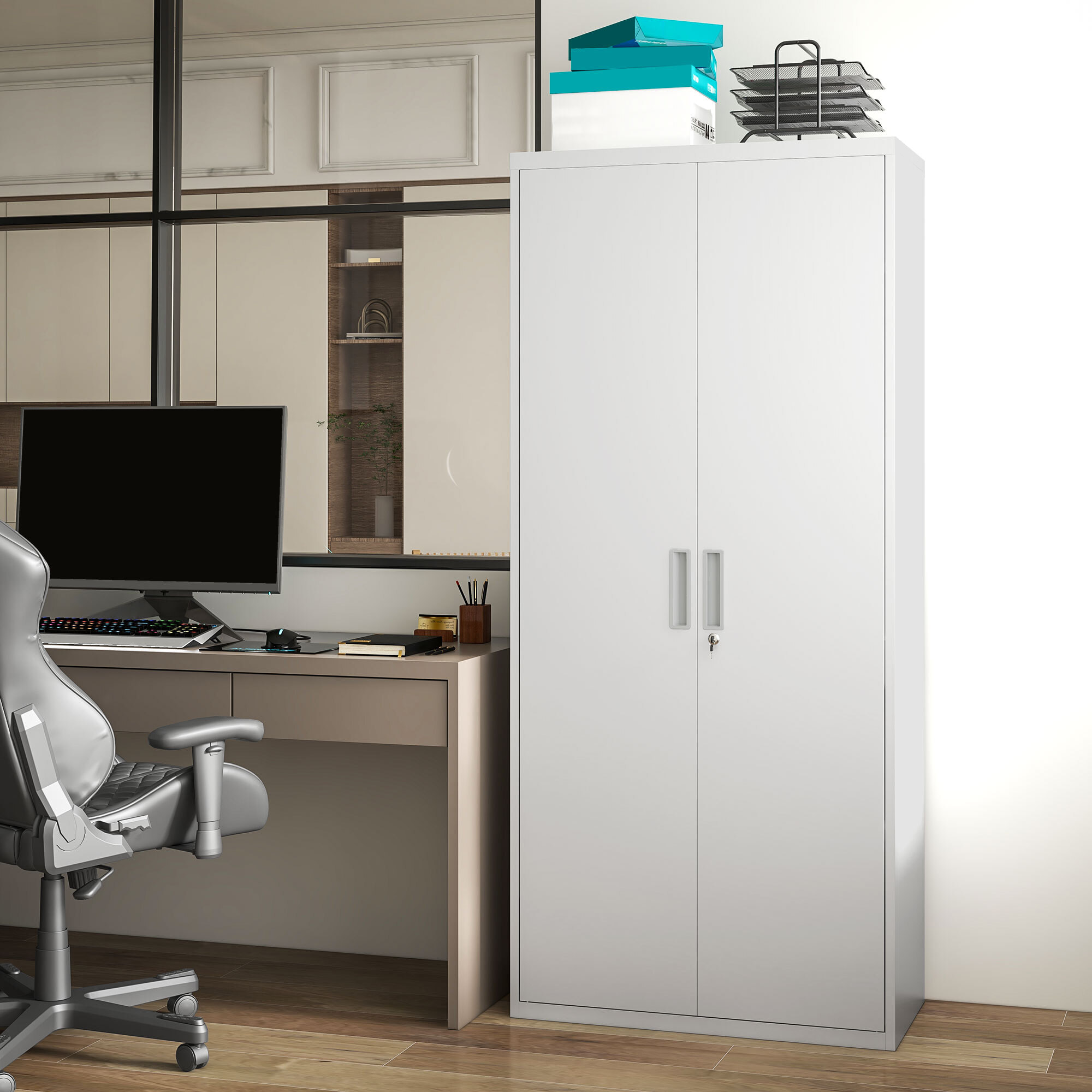 Mueble Archivador de 5 Niveles Archivador con Llave Estantes Ajustable Armario Archivador Metálico para Oficina Estudio Salón 80x40x180 cm Blanco