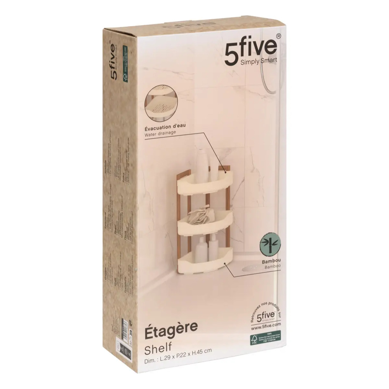 Étagère d'angle "Naturéo" 3 niveaux en bambou blanc 29x22cm