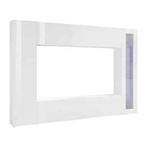 Parete attrezzata da soggiorno, Made in Italy, Base porta TV e pensili e scaffali, Set salotto moderno, cm 260x30h180, colore Bianco lucido, con luce LED blu ed una vetrina