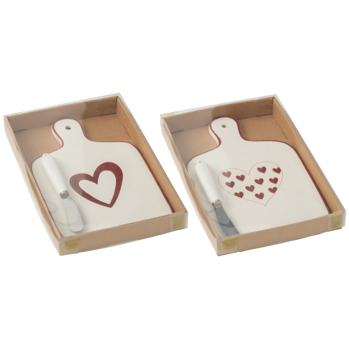 J-Line planche à découper Cœurs - porcelaine - blanc/rouge - 2 pièces