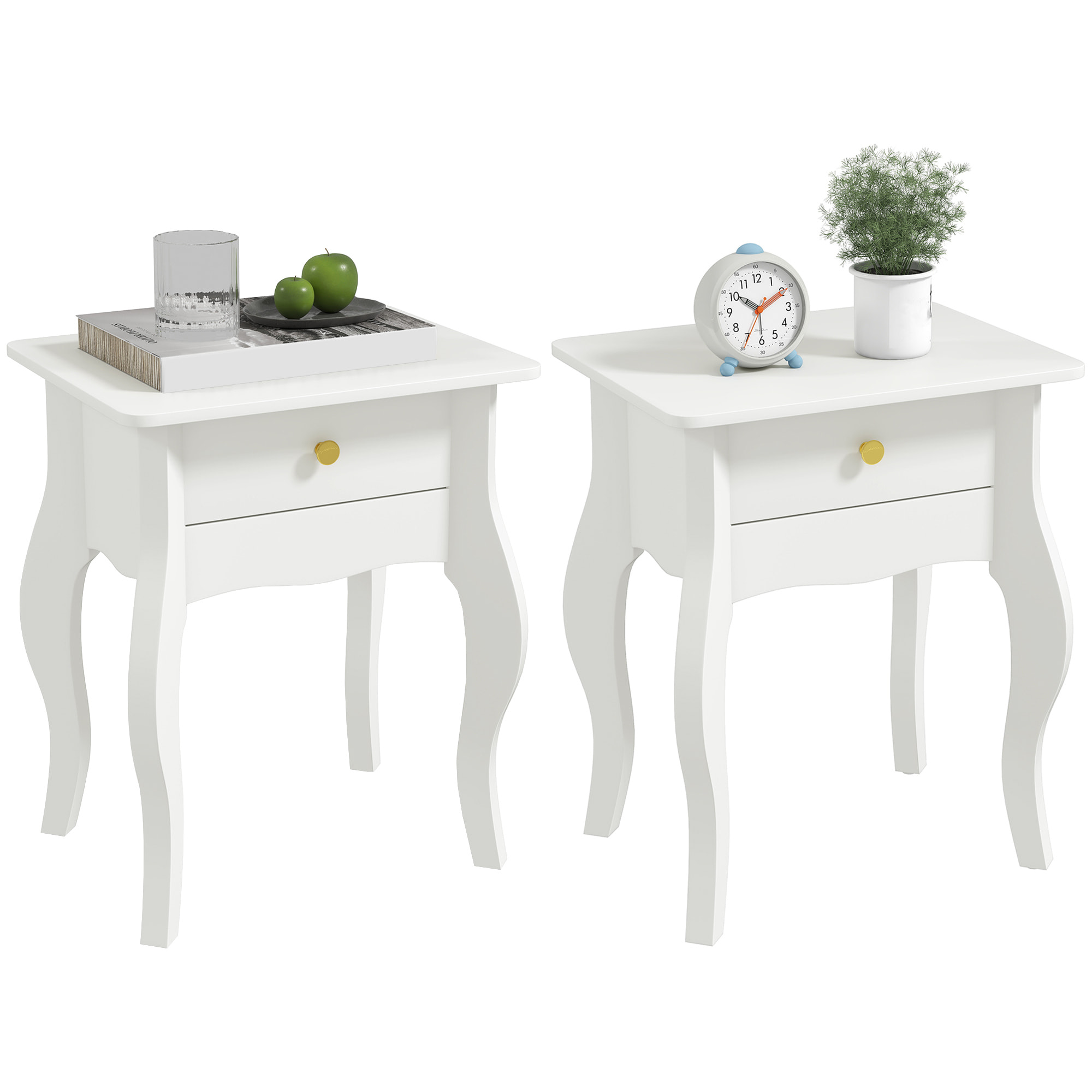 Lot de 2 tables d'appoint, bout de canapé avec pieds courbés, tiroir et plateau spacieux, table basse pour salon, chambre, 45 x 35 x 55 cm, blanc