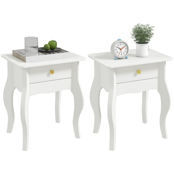 Lot de 2 tables d'appoint, bout de canapé avec pieds courbés, tiroir et plateau spacieux, table basse pour salon, chambre, 45 x 35 x 55 cm, blanc