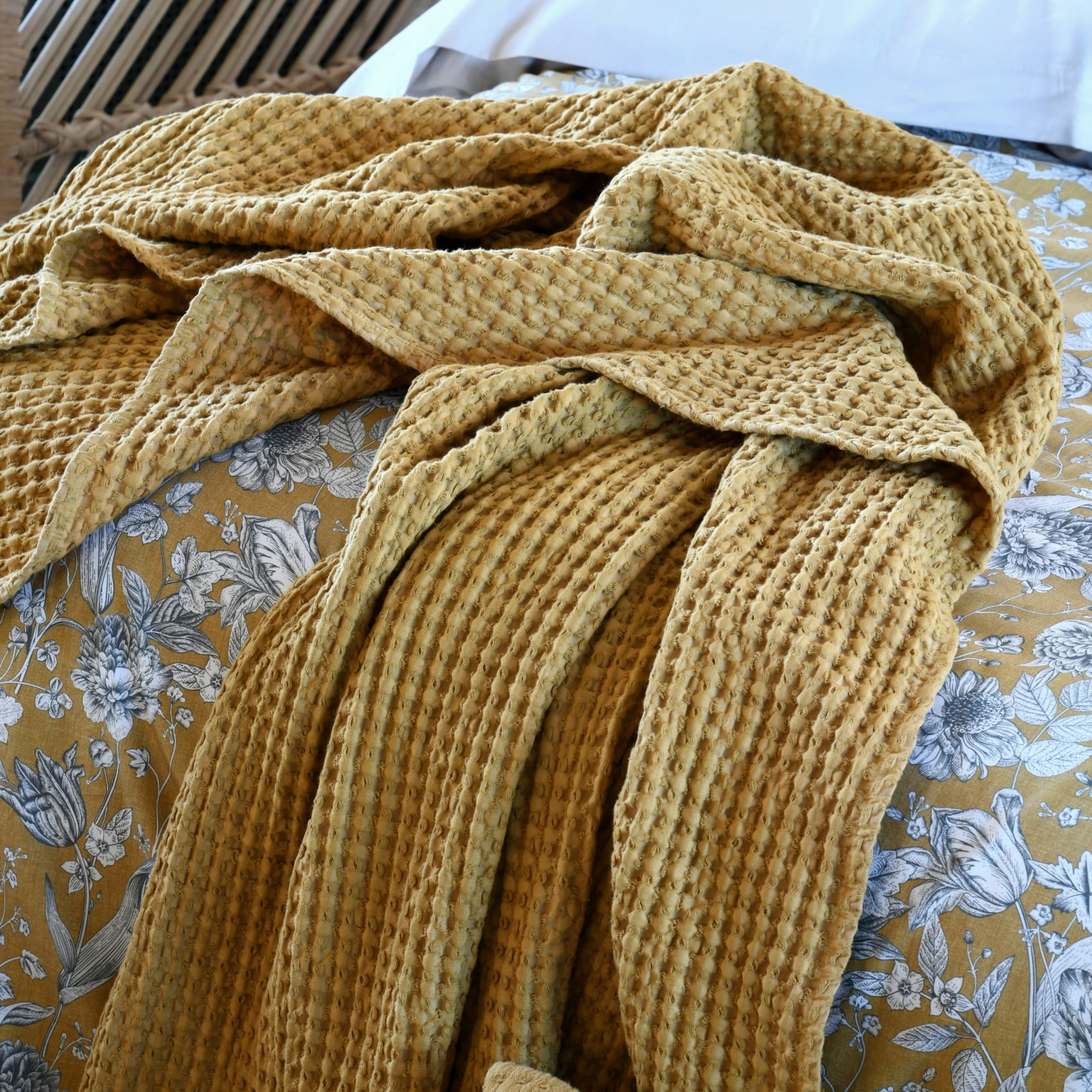 Plaid nid d'abeille coton - Jaune