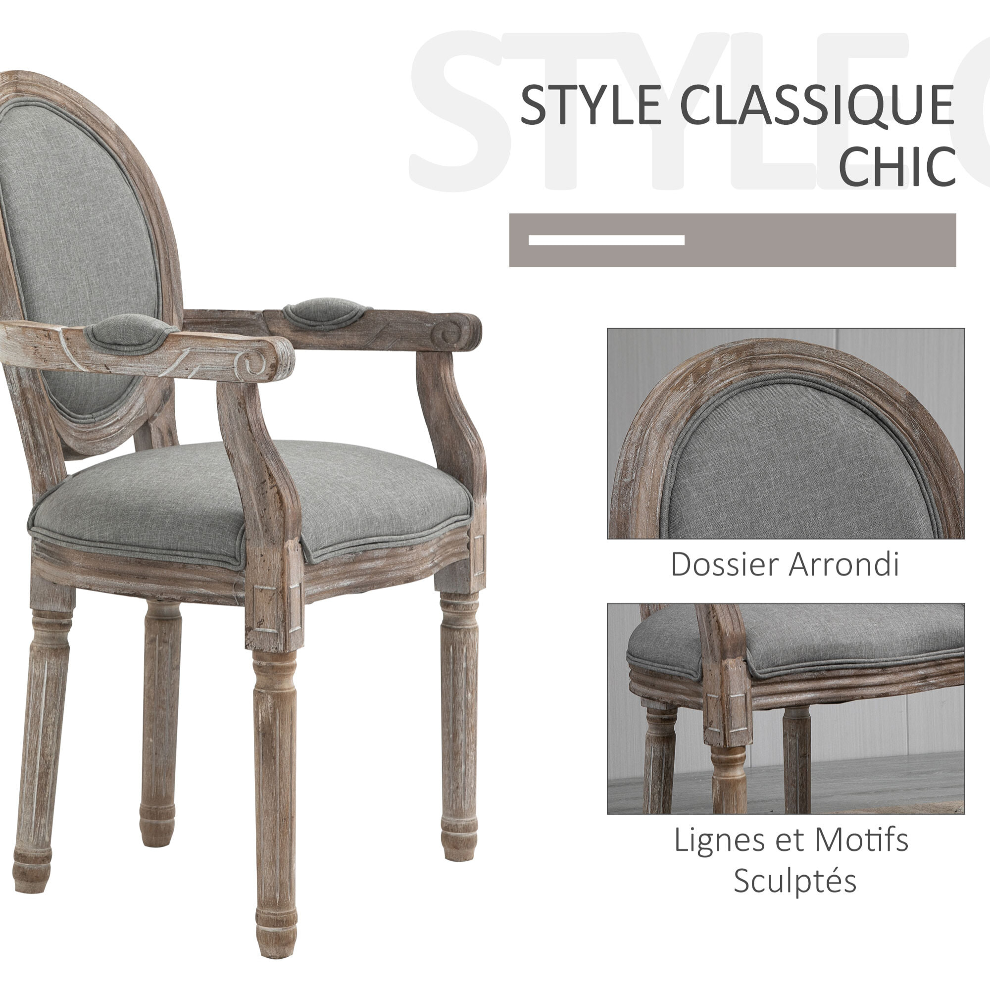 Chaise de salle à manger chaise de salon médaillon style Louis XVI bois massif patiné sculpté tissu lin gris