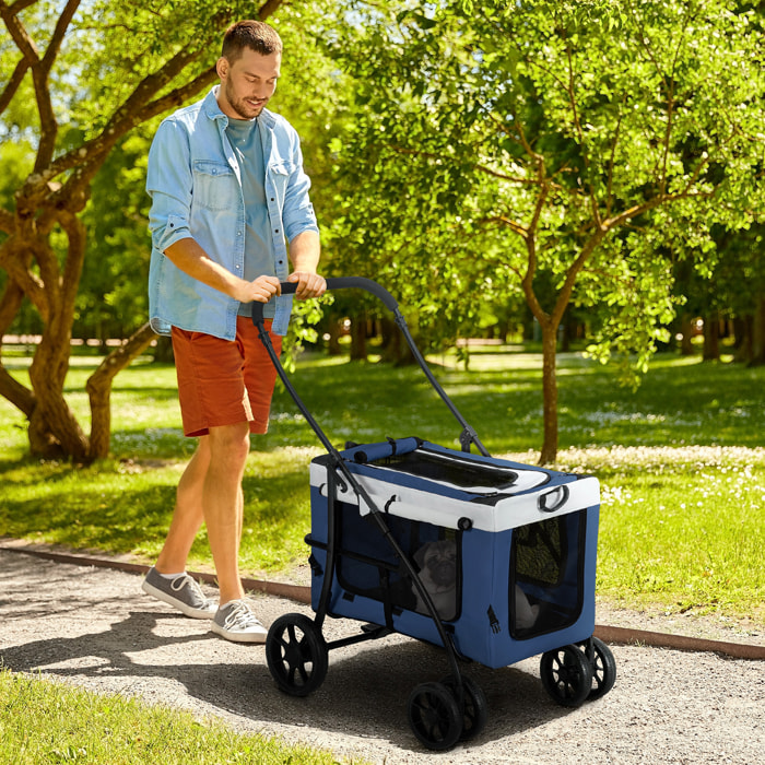 PawHut Carrito para Perros Cochecito para Perros Plegable con Vagón Desmontable 4 Puertas con Cremallera 2 Correas de Seguridad 2 Correa de Transporte y Cojín Azul