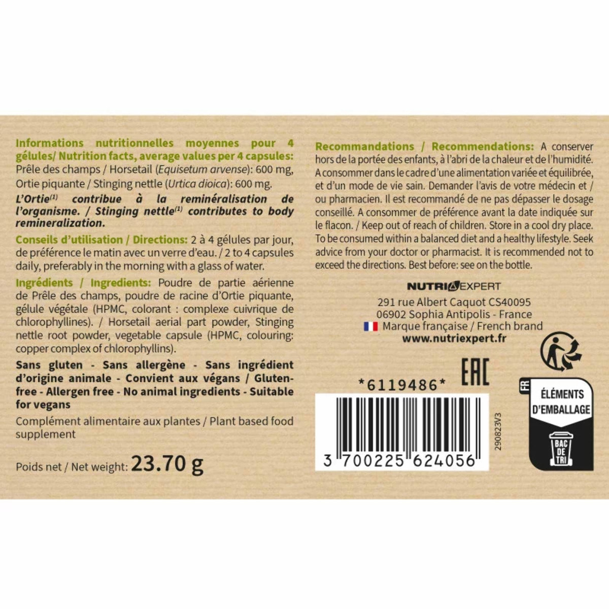 NUTRI EXPERT - Prêle & Ortie - Facilite l'élimination des toxines - Contribue au bon fonctionnement de l'organisme - Vegan - Marque Française - Extraits de plante - 60 gélules végétales