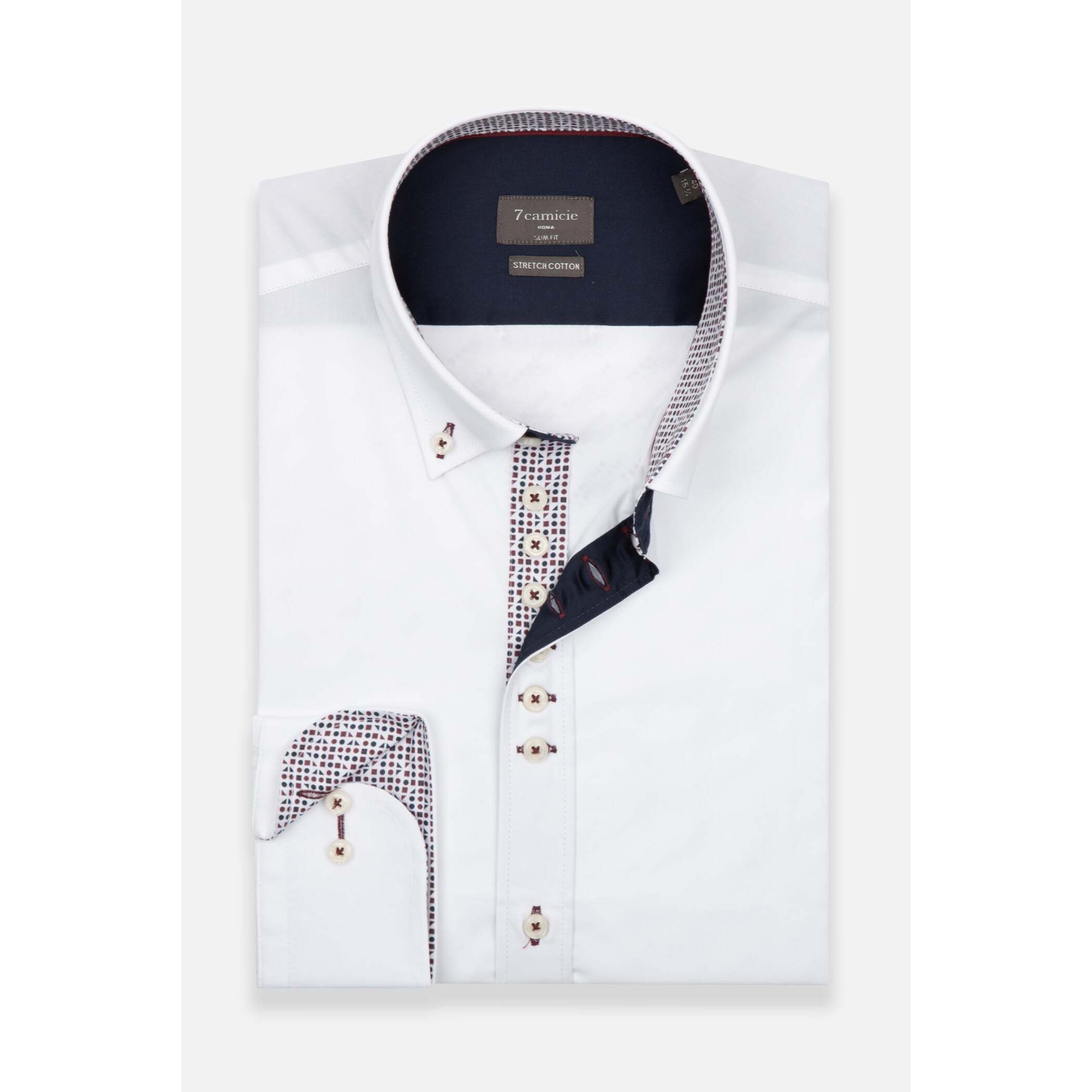 Camicia Uomo 1 Bottoni Button Down Slim Popeline Stretch Unito Bianco