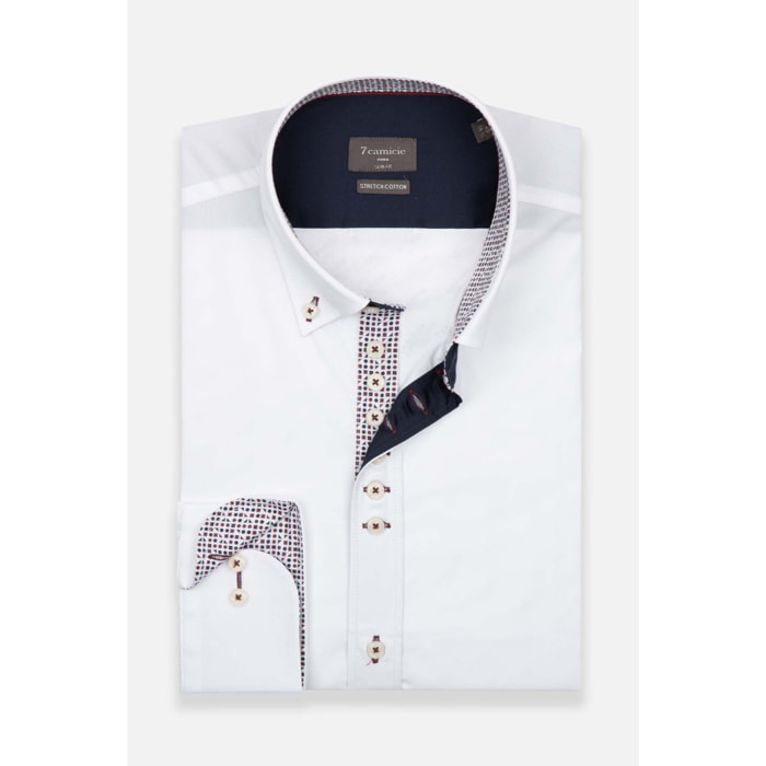 Camicia Uomo 1 Bottoni Button Down Slim Popeline Stretch Unito Bianco