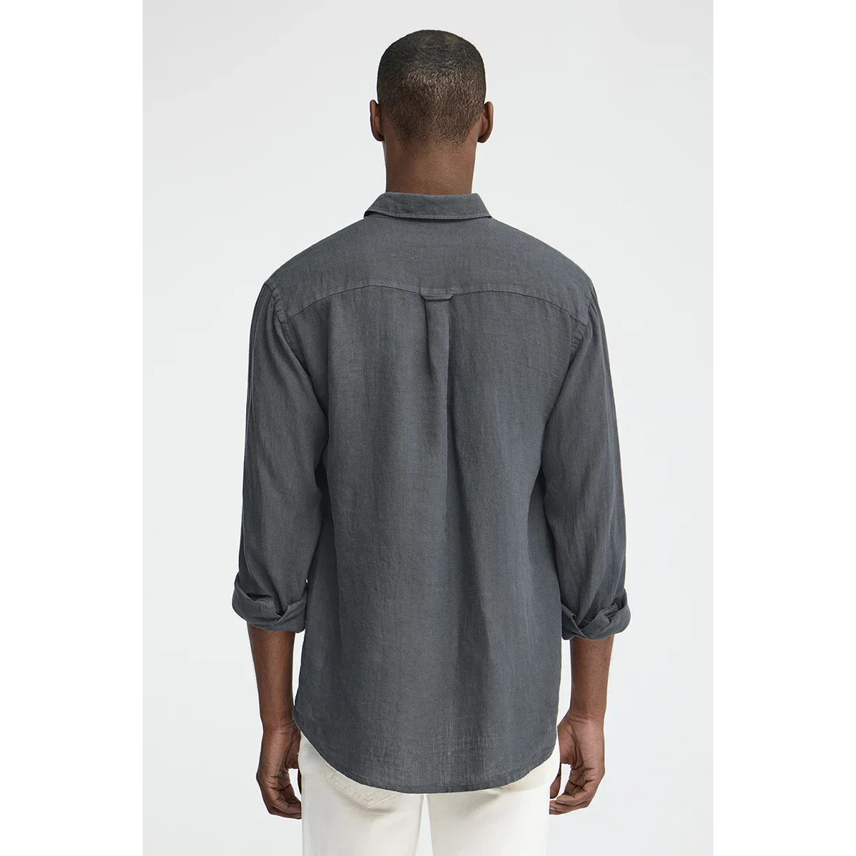 Camicia grigio pietra in lino regular fit con toppa Polo Club