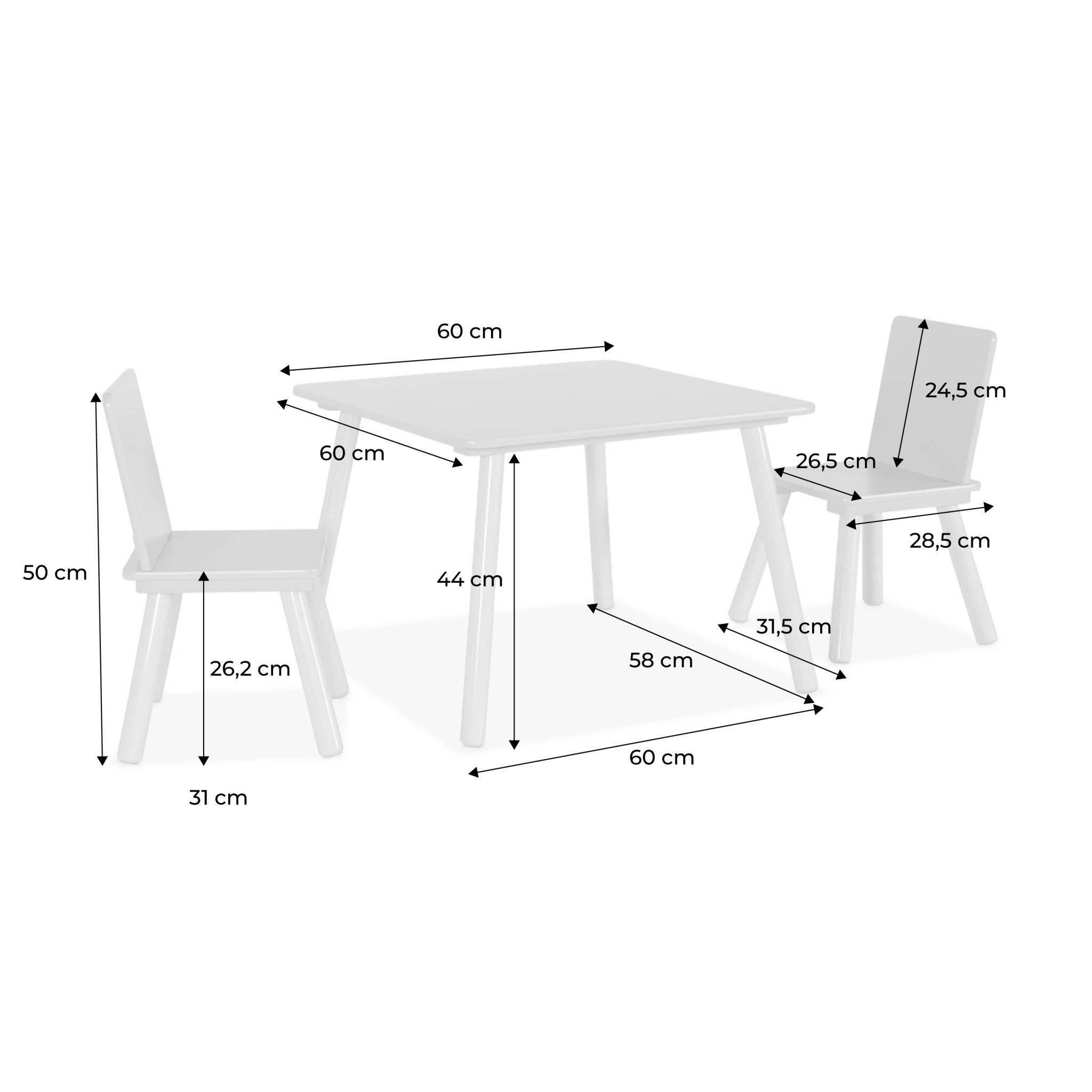 Table carrée enfant avec 2 chaises. pieds en pin. vert