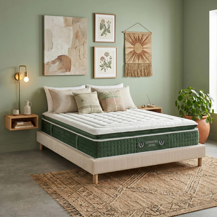 Ensemble matelas Jade & sommier Cancun | Mémoire de forme et ressorts ensachés | Cadre à lattes | Velours côtelé | Beige