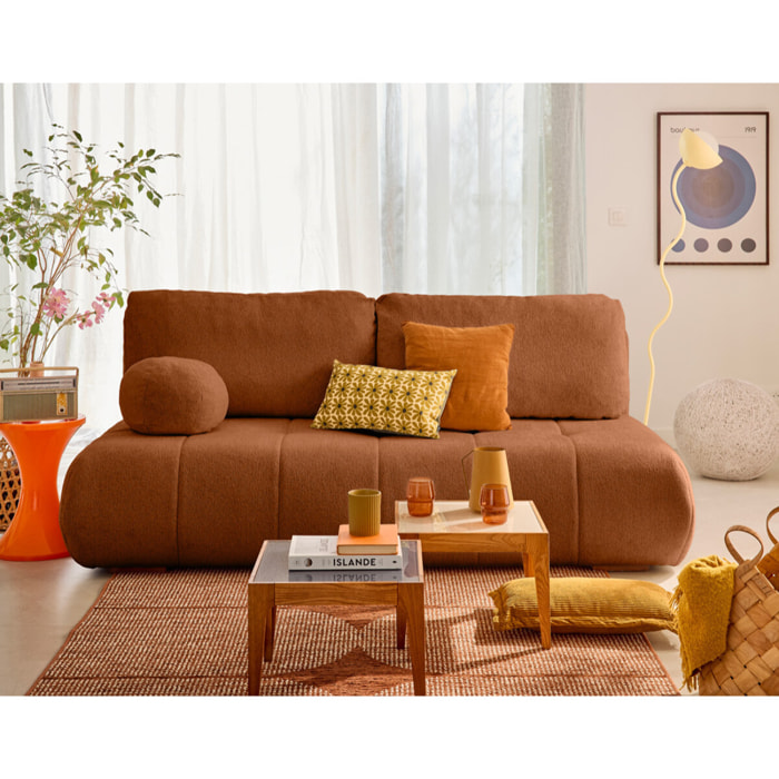 Bowie - canapé 3 places convertible coffre + coussin rond inclus en tissu texturé - Terracotta