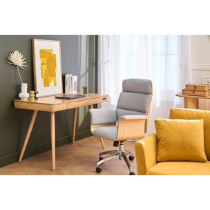 Fauteuil de bureau à roulettes design en tissu effet velours texturé beige, bois foncé et acier chromé ELON