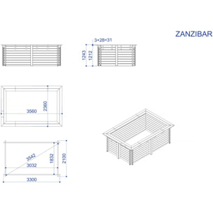 Piscine bois rectangle " Zanzibar "- 3.50 x 2.30 x 1.24 m - Bâche à bulles  180 µ - Bâche hiver  280 g/m²