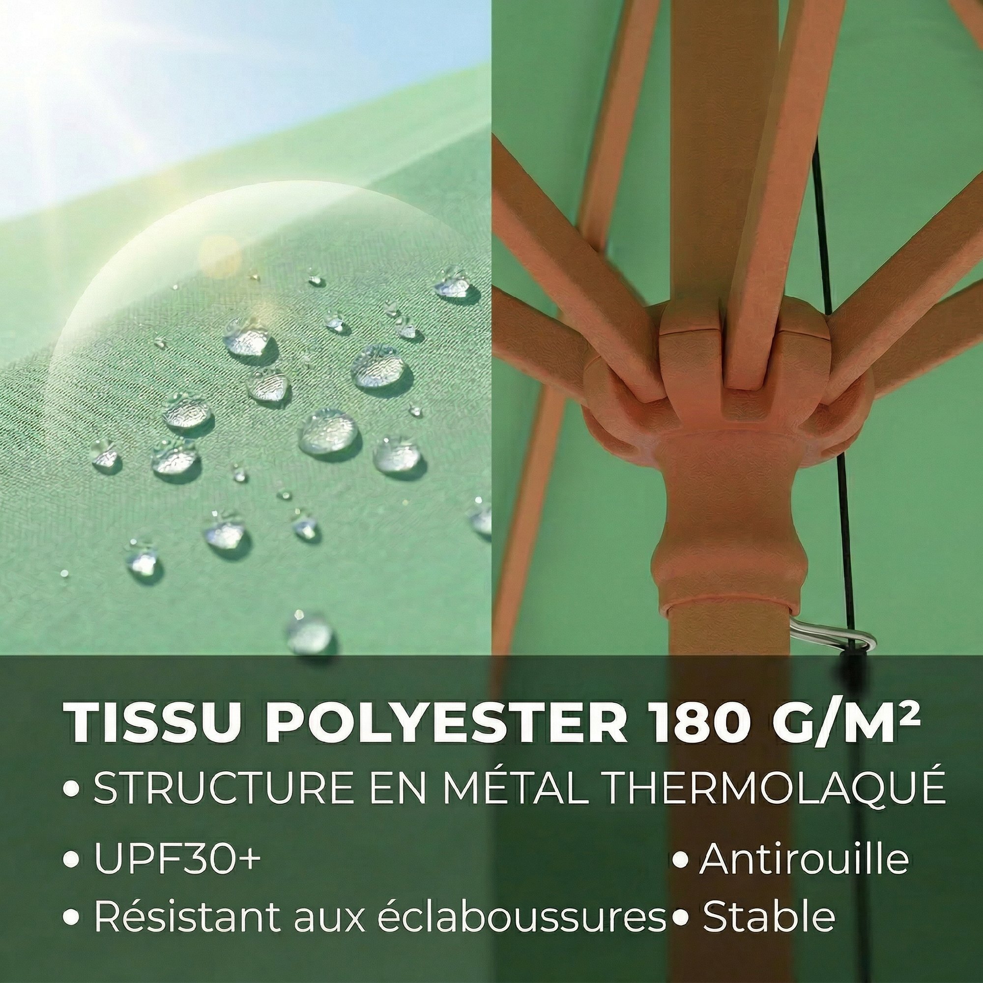 Parasol de jardin - parasol terrasse  rond avec volants rétro chic aspect bois protection UV -230 cm - vert clair