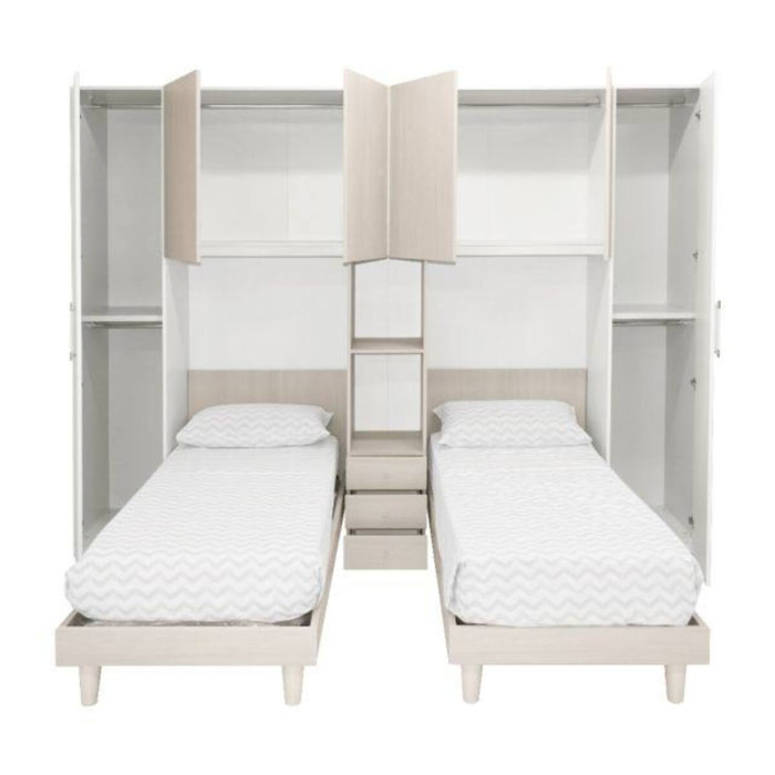 Camera da letto completa con armadio a 6 ante e due letti singoli, 313 x 212 x 247, Bianco