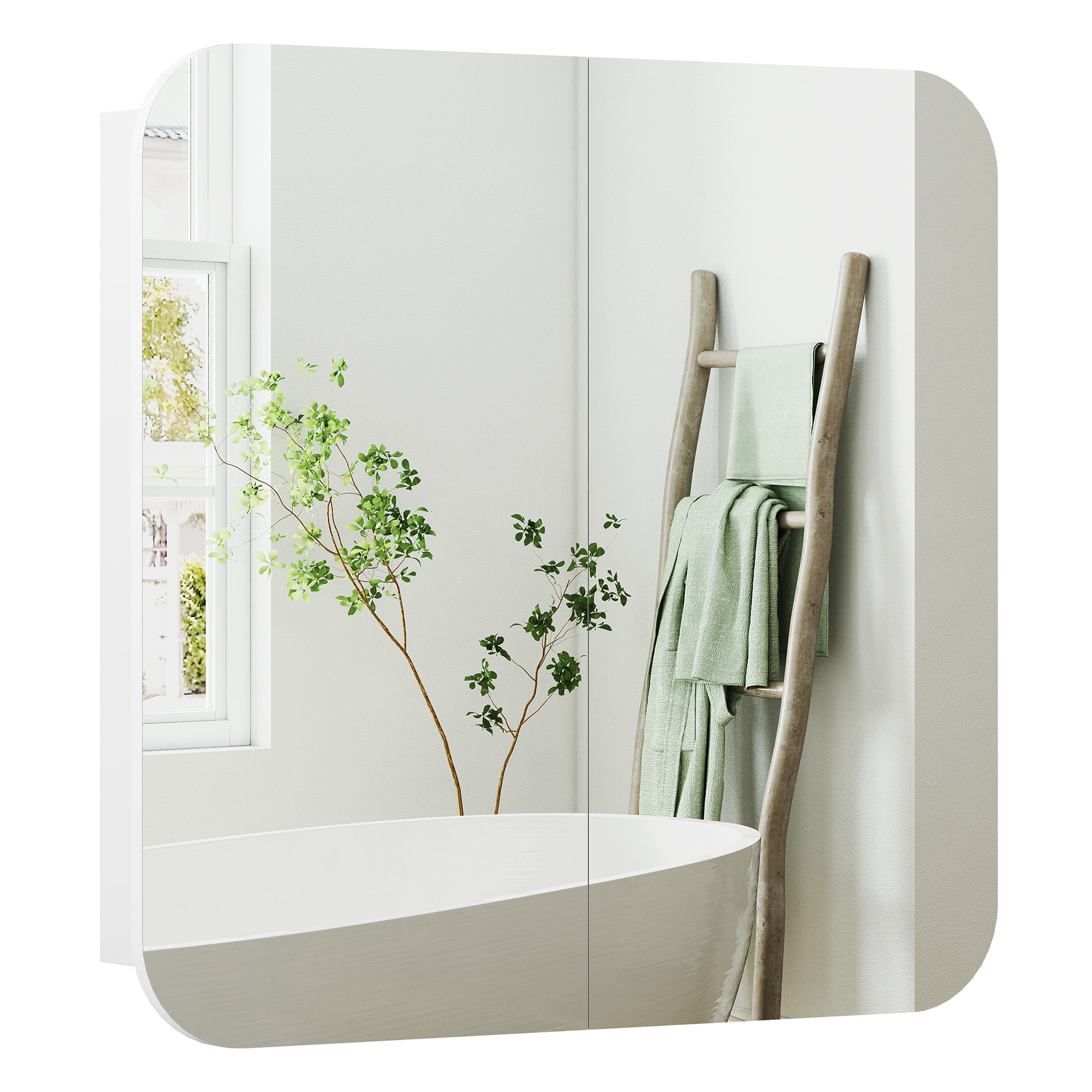 Armario de Baño con Espejo, Diseño con Bordes Curvados, Armario de Pared, Mueble de Baño Colgar, 2 Puertas, Estantes Ajustables, 68x13x66 cm, Blanco