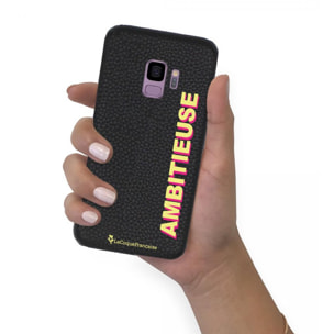 Coque Samsung Galaxy S9 effet cuir grainé noir Ambitieuse jaune et fushia Design La Coque Francaise