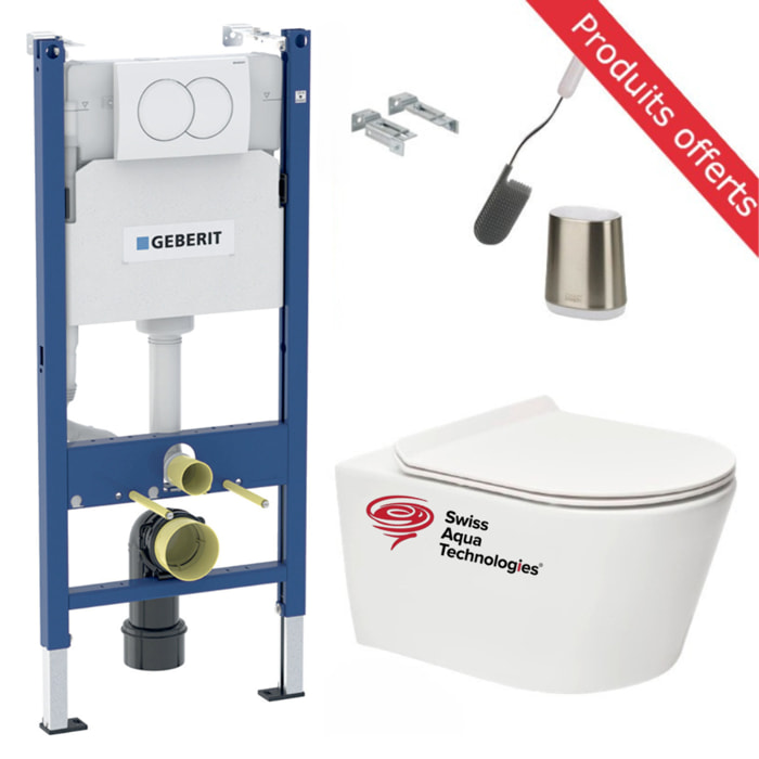 Pack WC sans bride Brevis + Abattant softclose slim + Bâti support Geberit UP100 + Plaque + Brosse Joseph Joseph OFFERTE