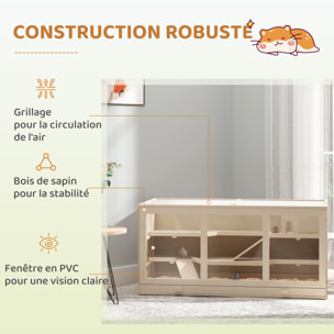Cage pour hamster 2 étages dim. 115x57x55cm toit ouvrable fenêtres cabane 2 échelles plateau déjection bois