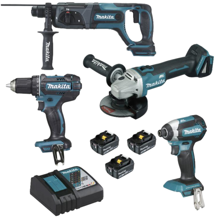 Set de 4 máquinas 18 V Li-Ion 5 Ah MAKITA Amoladora DGA504 + Taladro DDF482 + Taladro DHR241 + Atornillador DTD153 - 2 baterías, cargador, maletín - DLX4080TX1