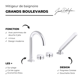 Mitigeur baignoire mécanique sur gorge Grands Boulevards chromé + pommeau de douche 2 jets + corps encastré